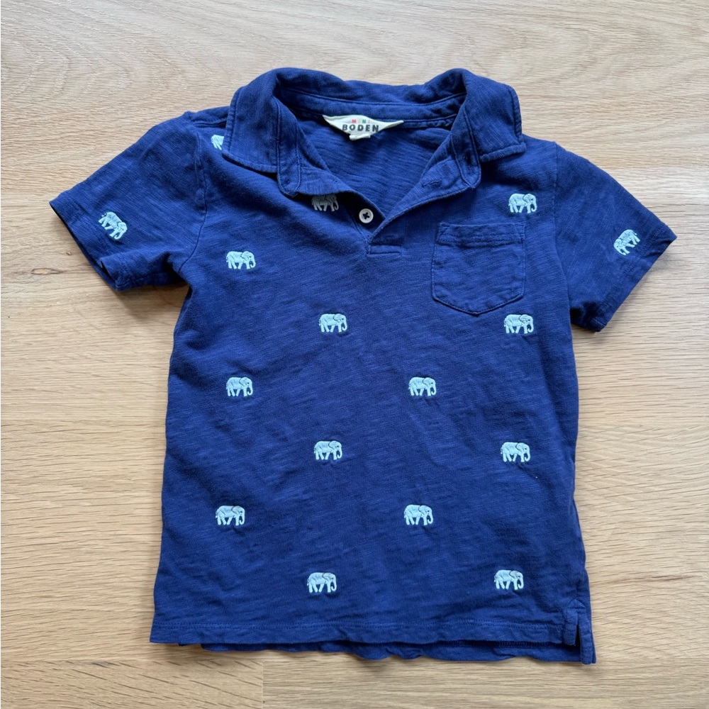 Mini Boden Blue Polo Shirt with Elephant Pattern